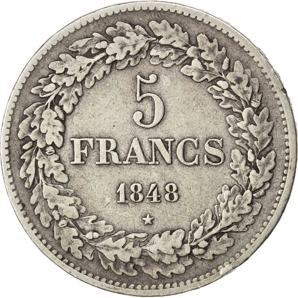 BELGIUM, 5 Francs, 5 Frank, 1848, KM #3.2, VF(30-35), Silver, 24.65