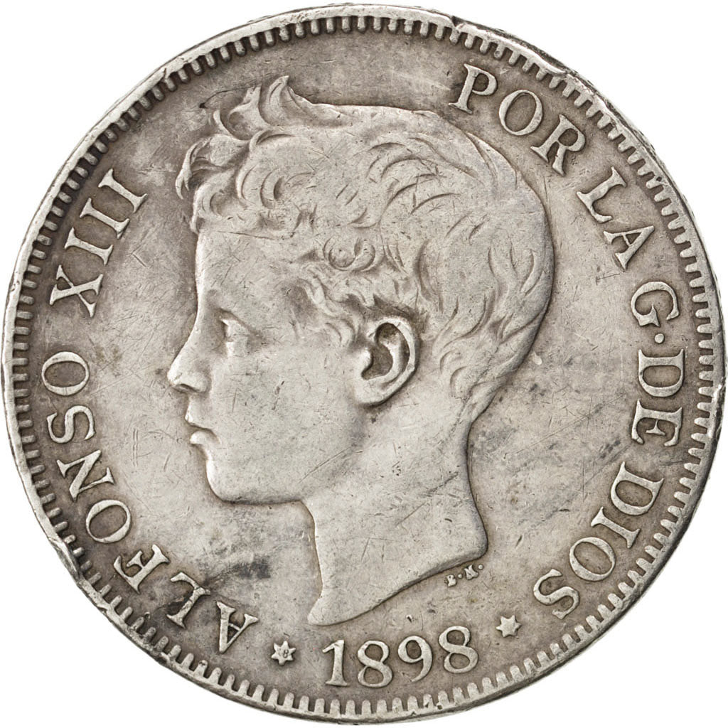Spain, 5 Pesetas, 1898, Valencia, KM #707, VF(20-25), Silver, 24.07