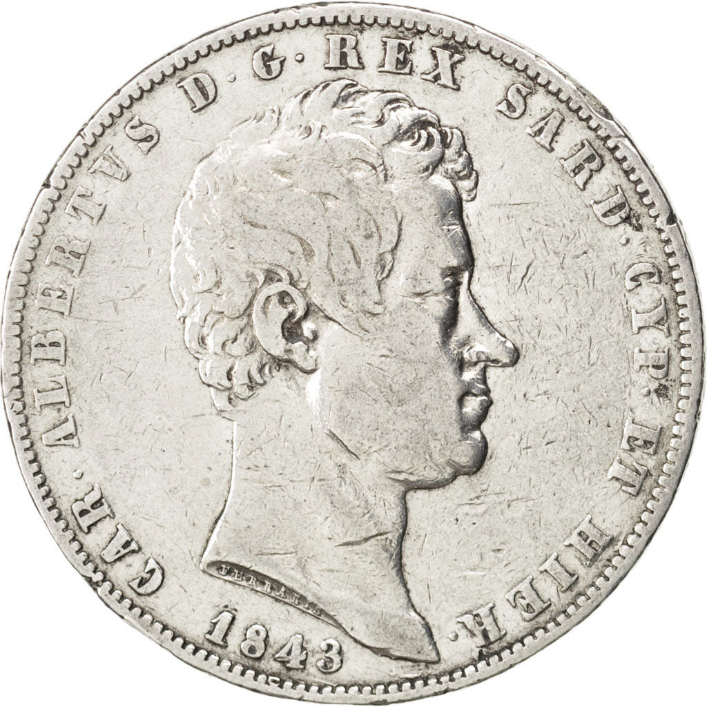 Italie, Sardaigne, Charles Albert, 5 Lire 1843, KM 130.2
