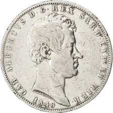 Italie, Sardaigne, Charles Albert, 5 Lire 1843, KM 130.2