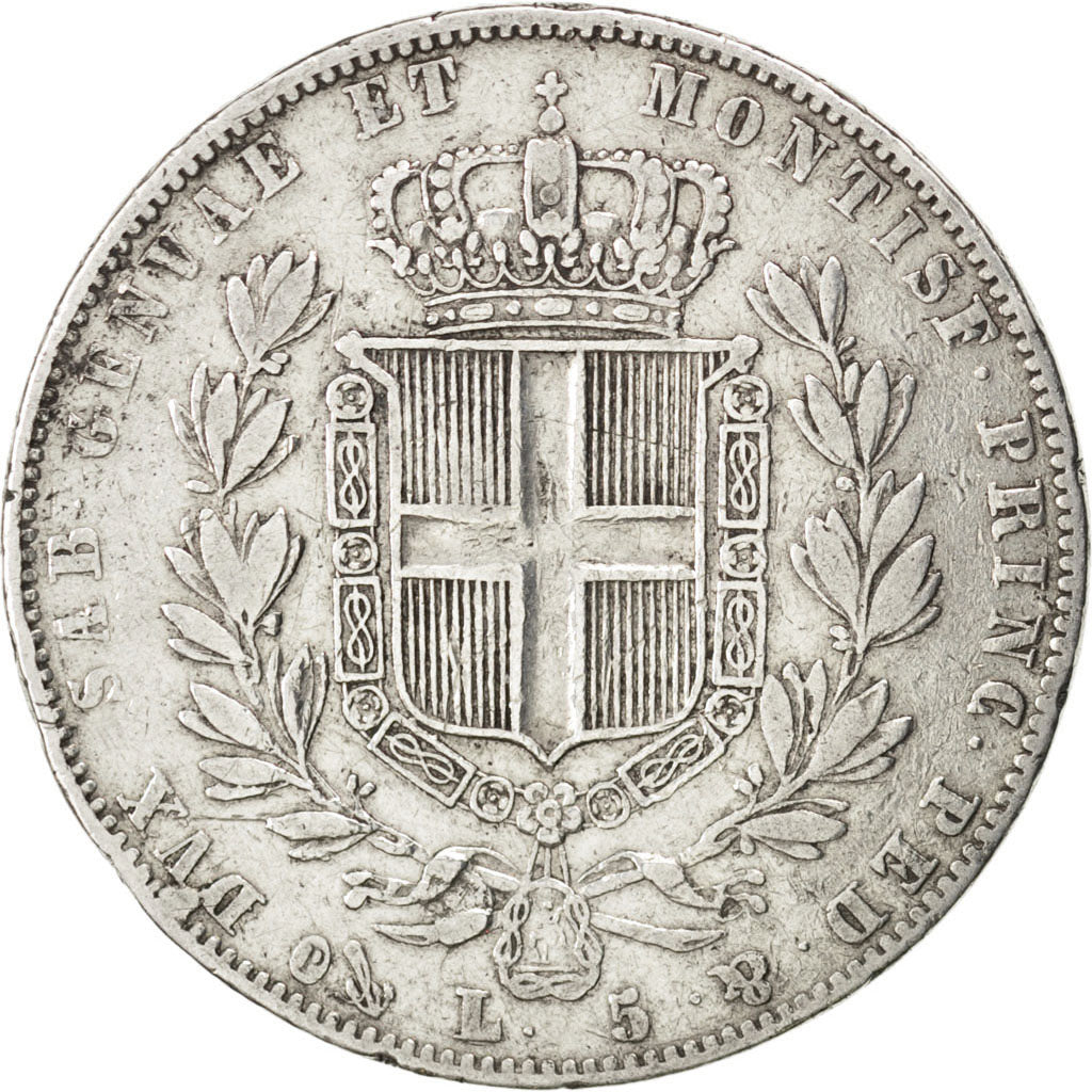 Italie, Sardaigne, Charles Albert, 5 Lire 1843, KM 130.2