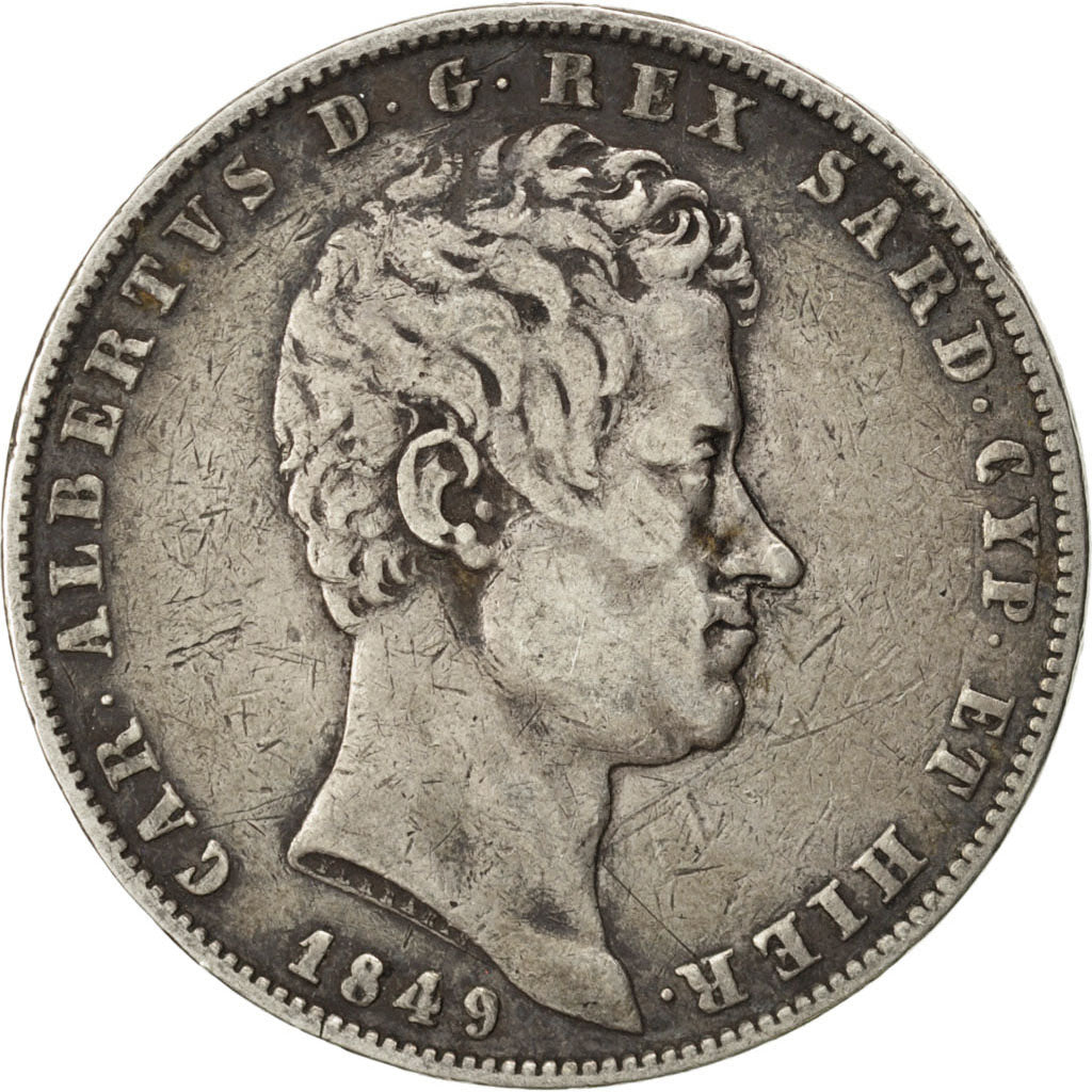 Italie, Sardaigne, Charles Albert, 5 Lire 1849, KM 130.2