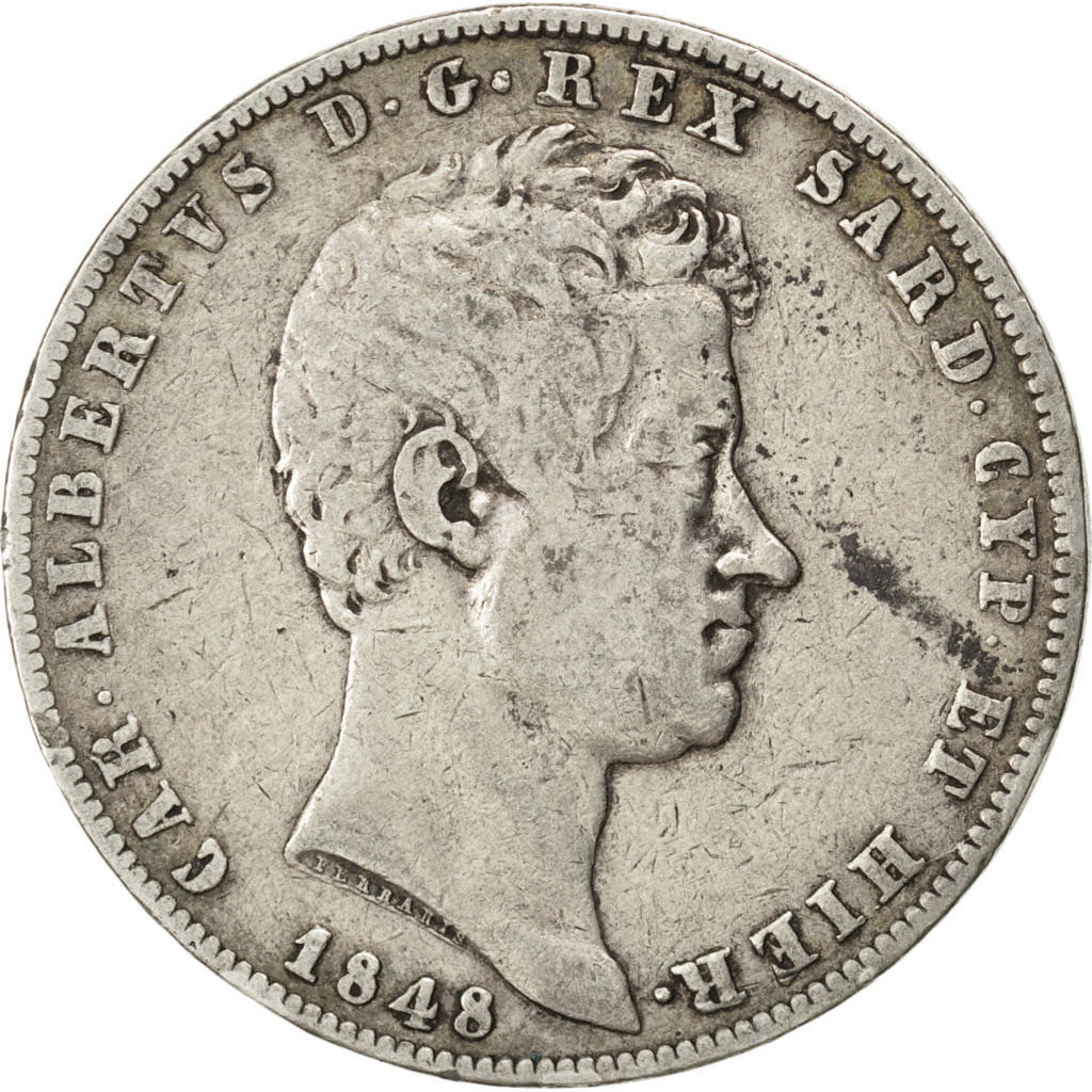 Italie, Sardaigne, Charles Albert, 5 Lire 1848, KM 130.2