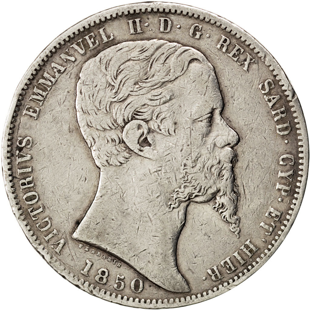 ITALIAN STATES, 5 Lire, 1850, Torino, KM #144.1, EF(40-45), Silver, 37, 24.83