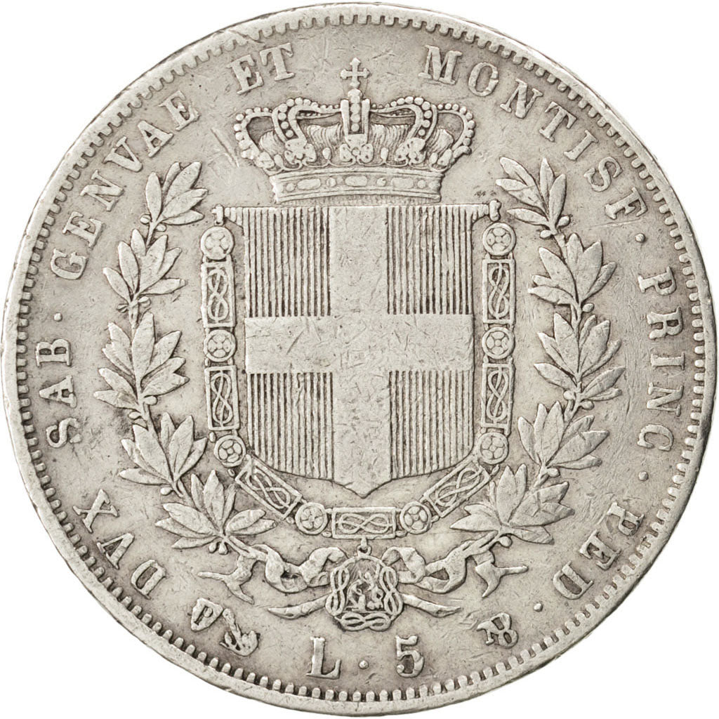 ITALIAN STATES, 5 Lire, 1850, Torino, KM #144.1, EF(40-45), Silver, 37, 24.83
