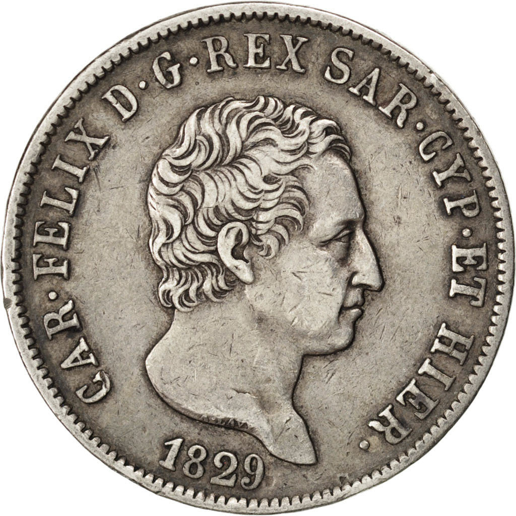 STATI ITALIANI, SARDINIA, Carlo Felice, 5 Lire, 1829, Genoa, BB, Argento, KM:...