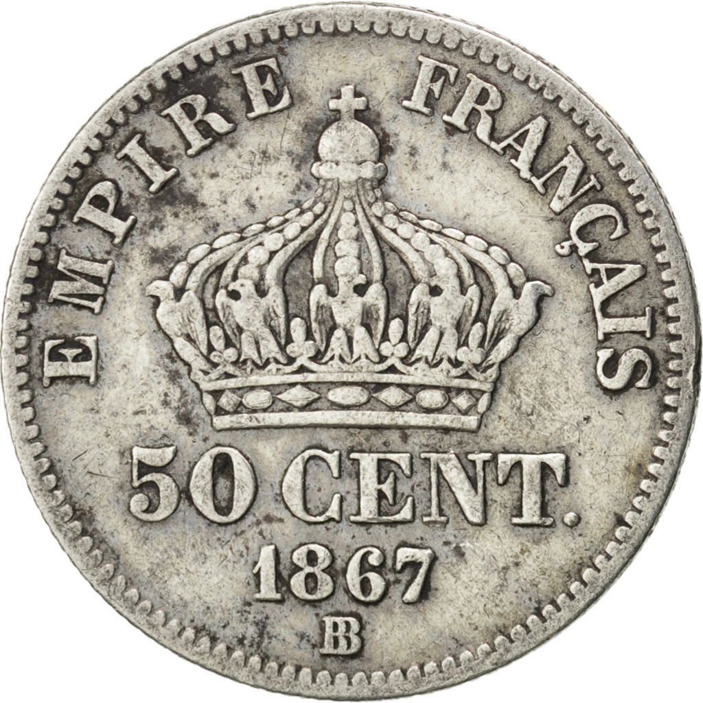FRANCE, Napoléon III, 50 Centimes, 1867, Strasbourg, KM #814.2, VF(30-35), S...