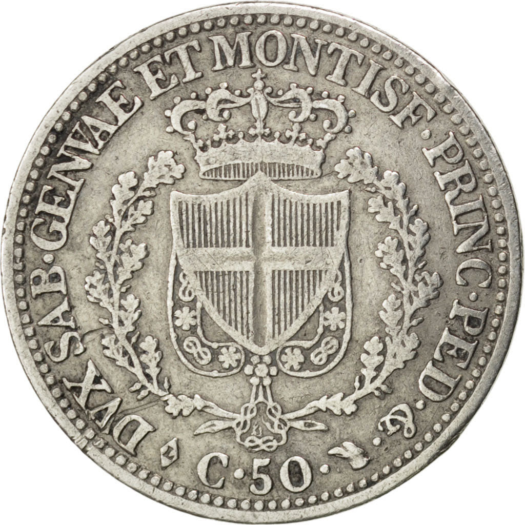 ITALIAN STATES, 50 Centesimi, 1828, Torino, KM #124.1, EF(40-45), Silver, 18,...