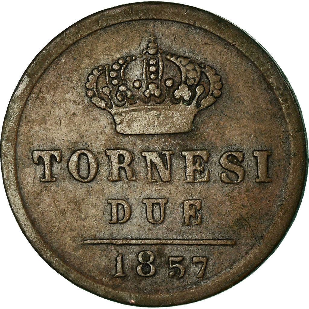 Coin, ITALIAN STATES, NAPLES, Ferdinando II, 2 Tornesi, 1857, VF(30-35), Copper