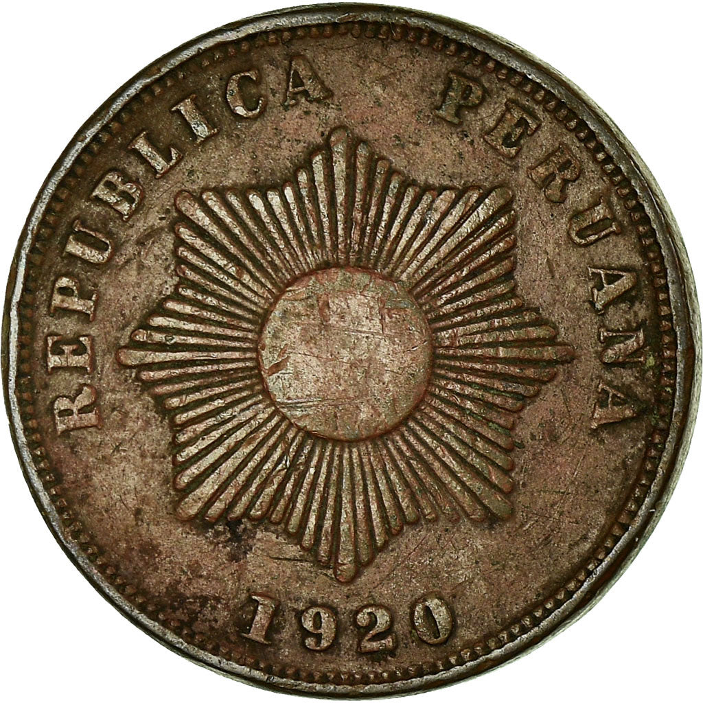Moneda, Perú, 2 Centavos, 1920, Lima, MBC, Cobre o bronce, KM:212.1