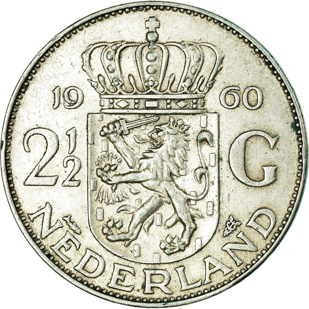 Coin, Netherlands, Juliana, 2-1/2 Gulden, 1960, EF(40-45), Silver, KM:185