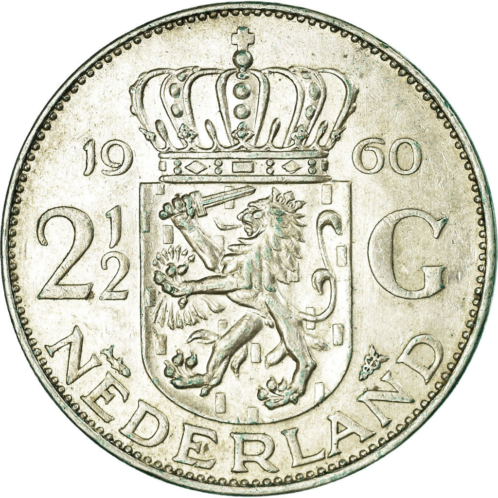 Coin, Netherlands, Juliana, 2-1/2 Gulden, 1960, EF(40-45), Silver, KM:185