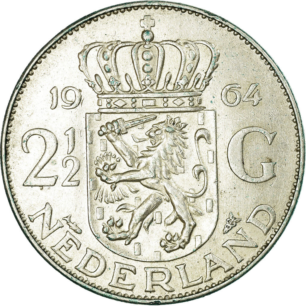 Coin, Netherlands, Juliana, 2-1/2 Gulden, 1964, EF(40-45), Silver, KM:185