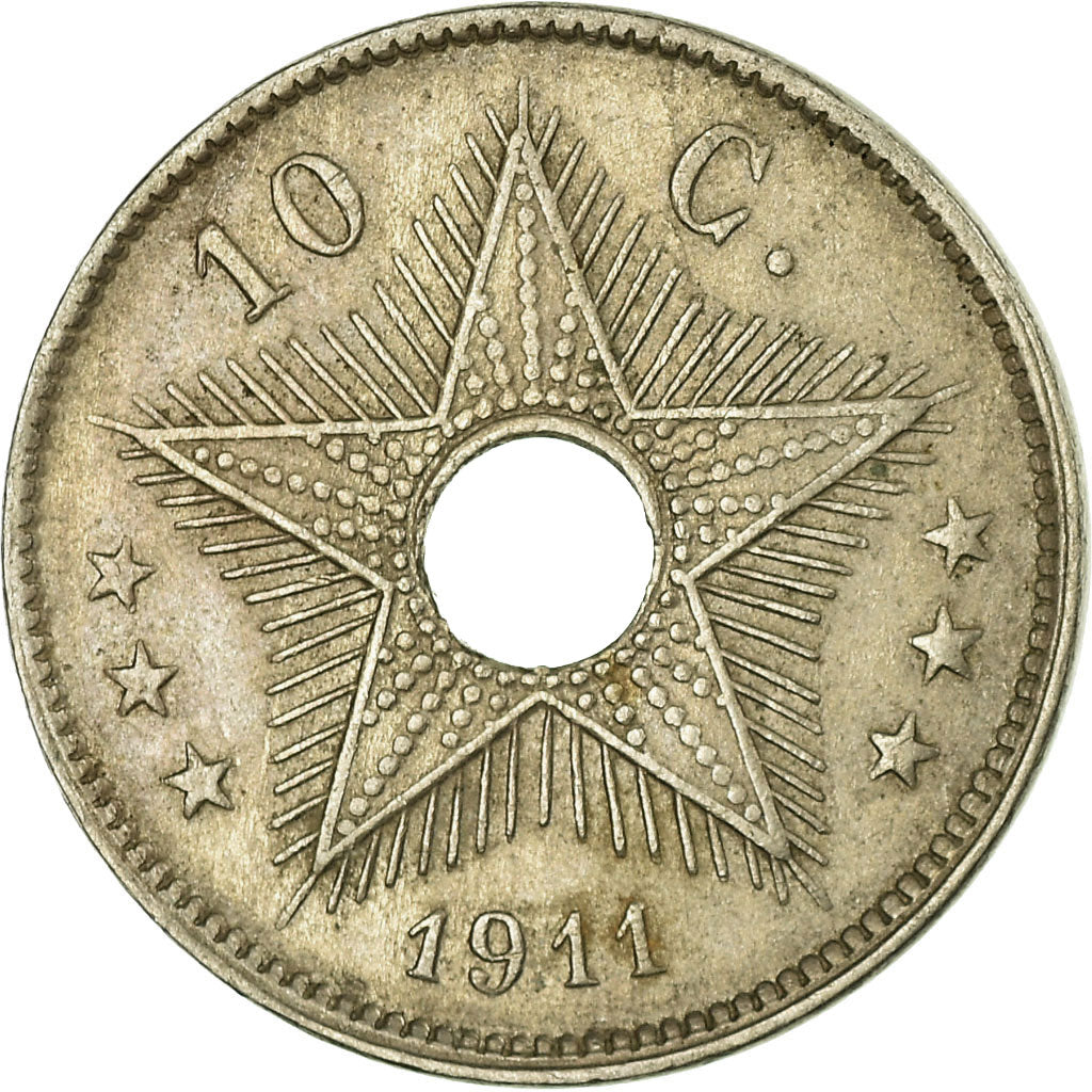 Moneta, Congo belga, 10 Centimes, 1911, Heaton, BB, Rame-nichel, KM:18