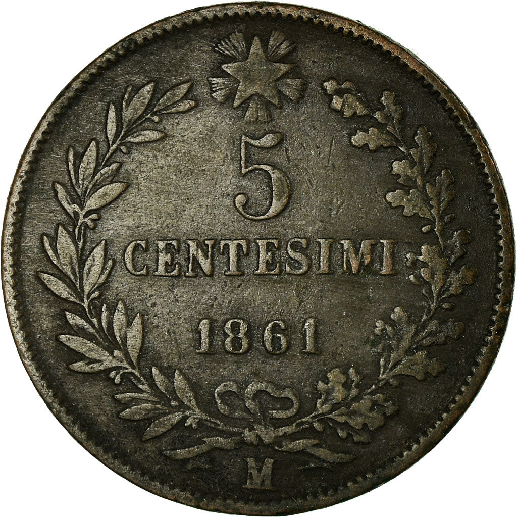 Coin, Italy, Vittorio Emanuele II, 5 Centesimi, 1861, Milan, EF(40-45), Copper