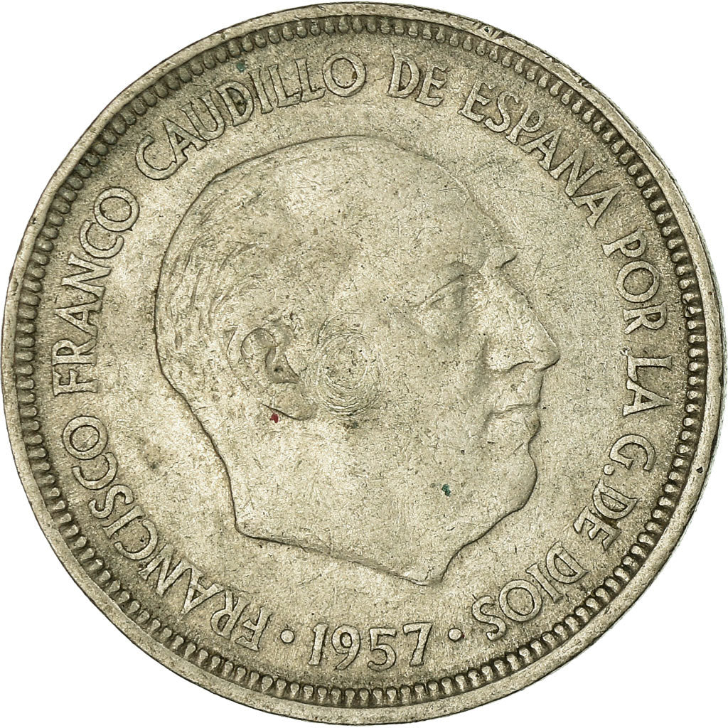 Moeda, Espanha, Caudillo and regent, 5 Pesetas, 1958, AU(50-53), Cobre-níquel