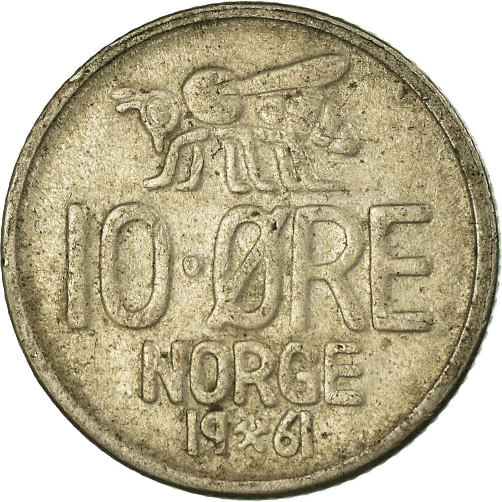 Moneta, Norvegia, Olav V, 10 Öre, 1961, MB+, Rame-nichel, KM:411