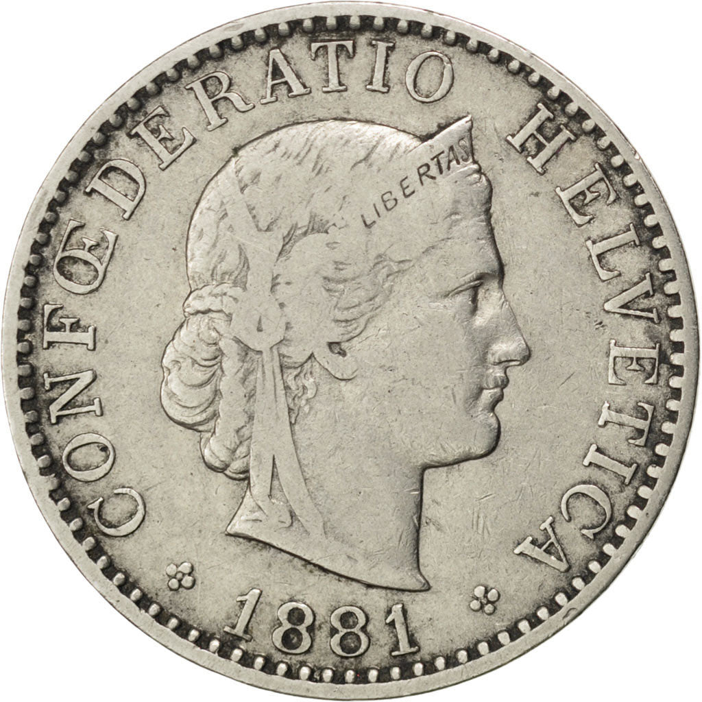 SWITZERLAND, 20 Rappen, 1881, Bern, KM #Pn33, VF(30-35), Copper-Nickel, 3.73