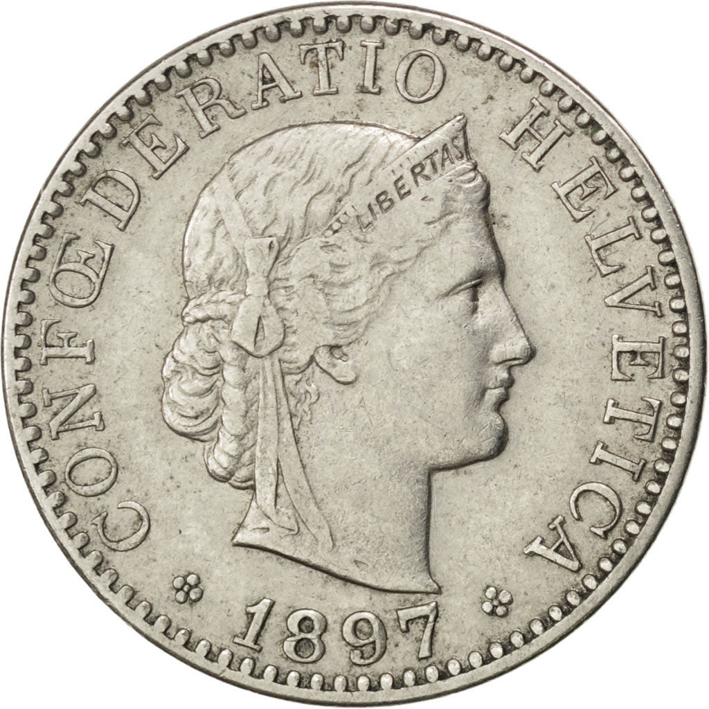 SWITZERLAND, 20 Rappen, 1897, Bern, KM #29, EF(40-45), Nickel, 21.05, 3.97