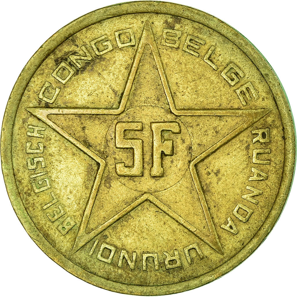Coin, Belgian Congo, RUANDA-URUNDI, 5 Francs, 1952, Paris, VF(30-35), Brass