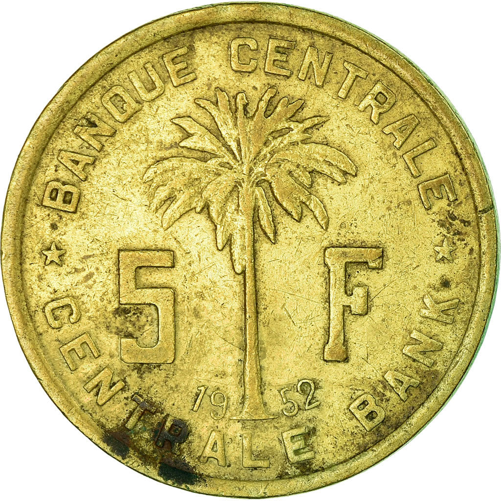 Coin, Belgian Congo, RUANDA-URUNDI, 5 Francs, 1952, Paris, VF(30-35), Brass