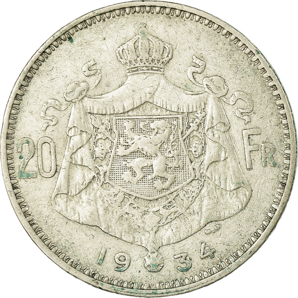 Coin, Belgium, 20 Francs, 20 Frank, 1934, EF(40-45), Silver, KM:103.1
