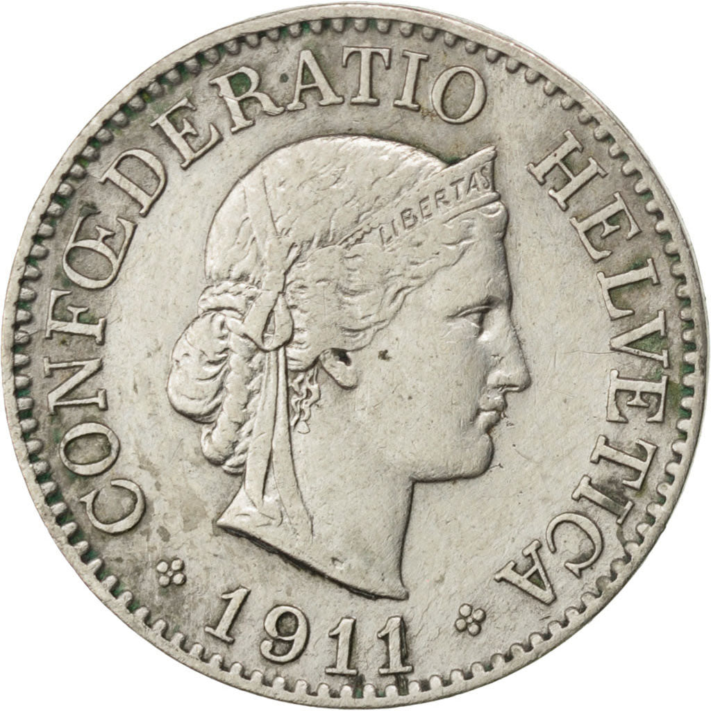 SWITZERLAND, 10 Rappen, 1911, Bern, KM #27, EF(40-45), Copper-Nickel, 19.15,...