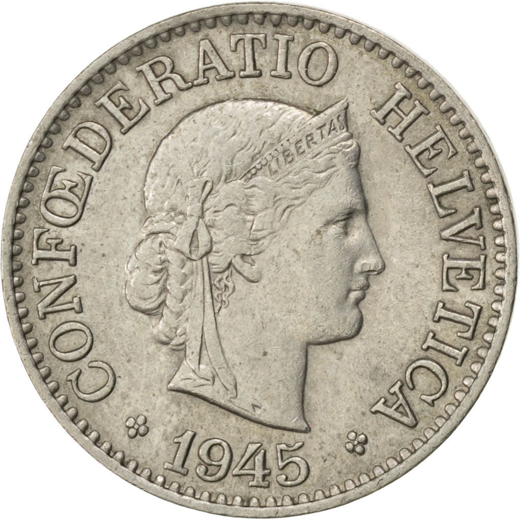 SWITZERLAND, 10 Rappen, 1945, Bern, KM #27, AU(50-53), Copper-Nickel, 19.15,...