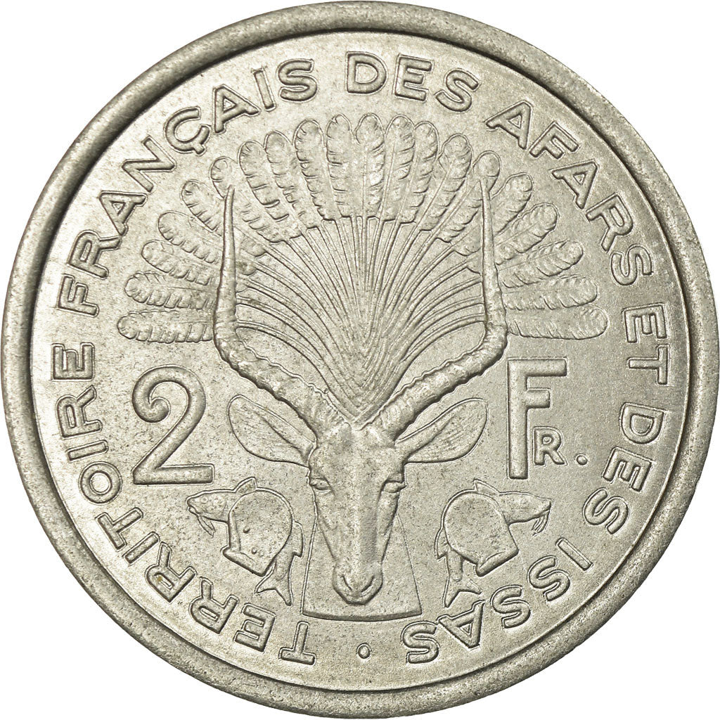 Coin, FRENCH AFARS & ISSAS, 2 Francs, 1975, Paris, EF(40-45), Aluminum, KM:13
