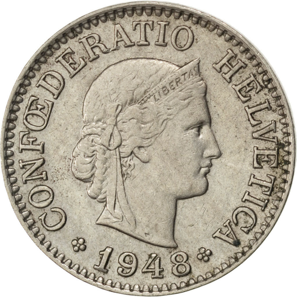 SWITZERLAND, 10 Rappen, 1948, Bern, KM #27, AU(50-53), Copper-Nickel, 19.15,...