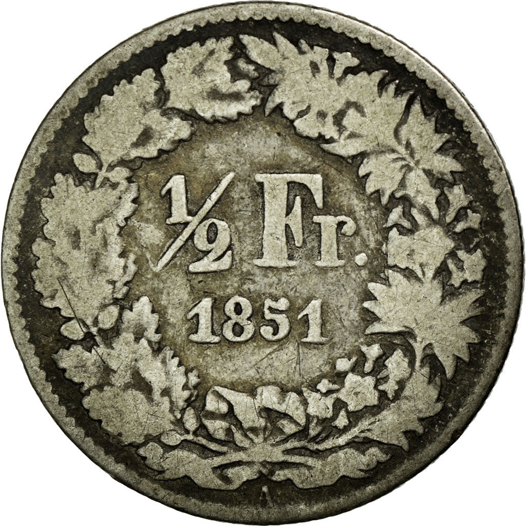 Coin, Switzerland, 1/2 Franc, 1851, Paris, VF(20-25), Silver, KM:8