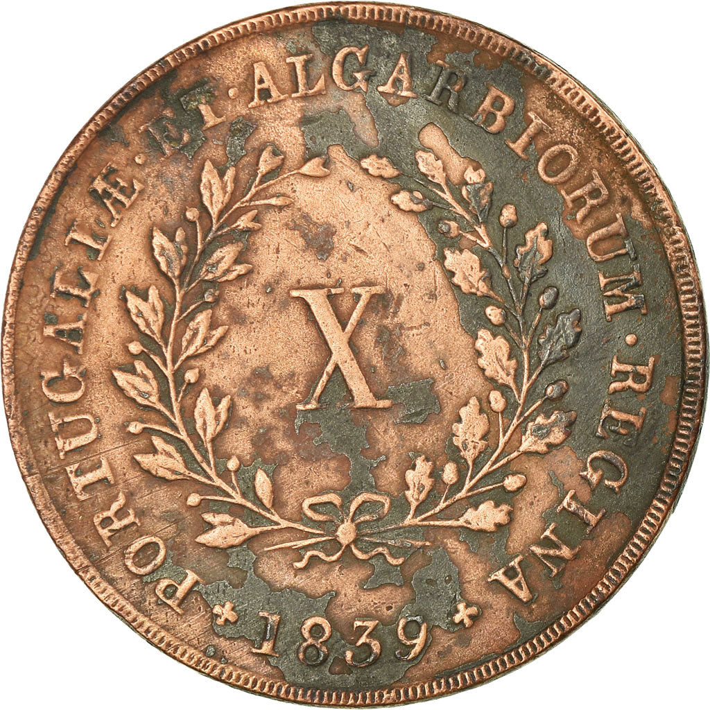 Moneda, Portugal, Maria II, 10 Reis, X; 1/2 Vinten, 1839, MBC, Cobre, KM:409