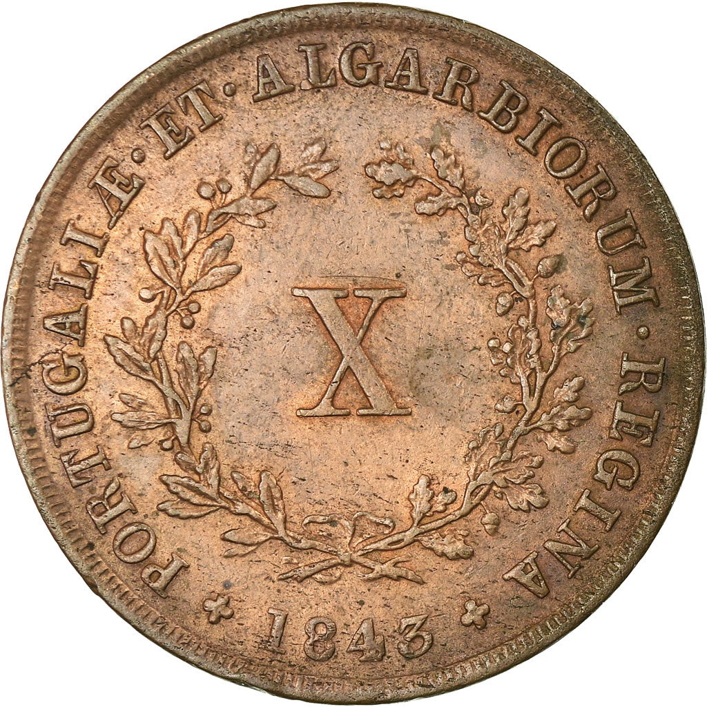 Moneta, Portogallo, Maria II, 10 Reis, 1843, BB, Rame, KM:481