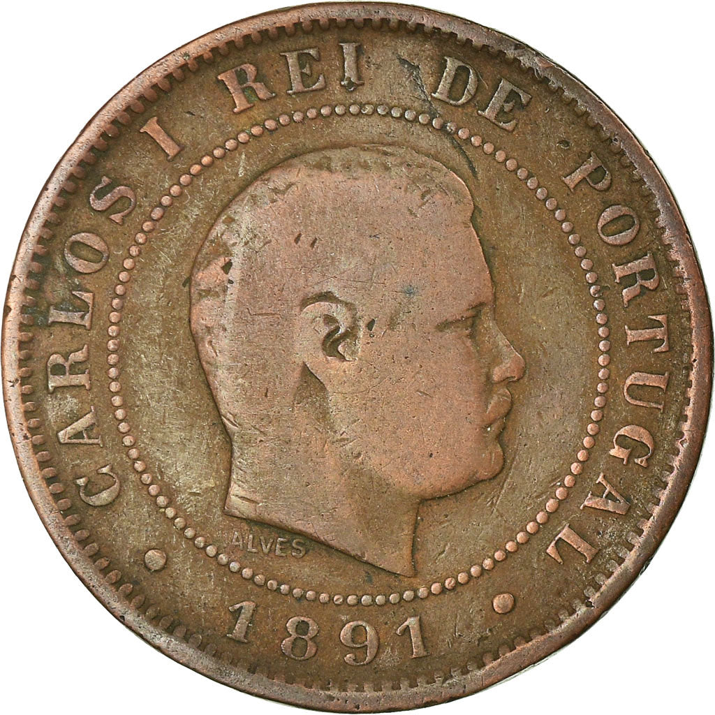 Moeda, Portugal, Carlos I, 10 Reis, 1891, Portugal Mint, VF(30-35), Bronze