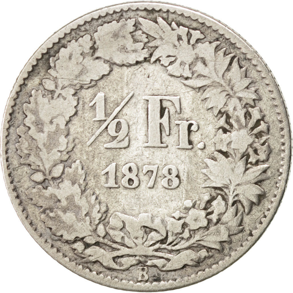 SWITZERLAND, 1/2 Franc, 1878, Bern, KM #23, VF(20-25), Silver, 18.2, 2.39