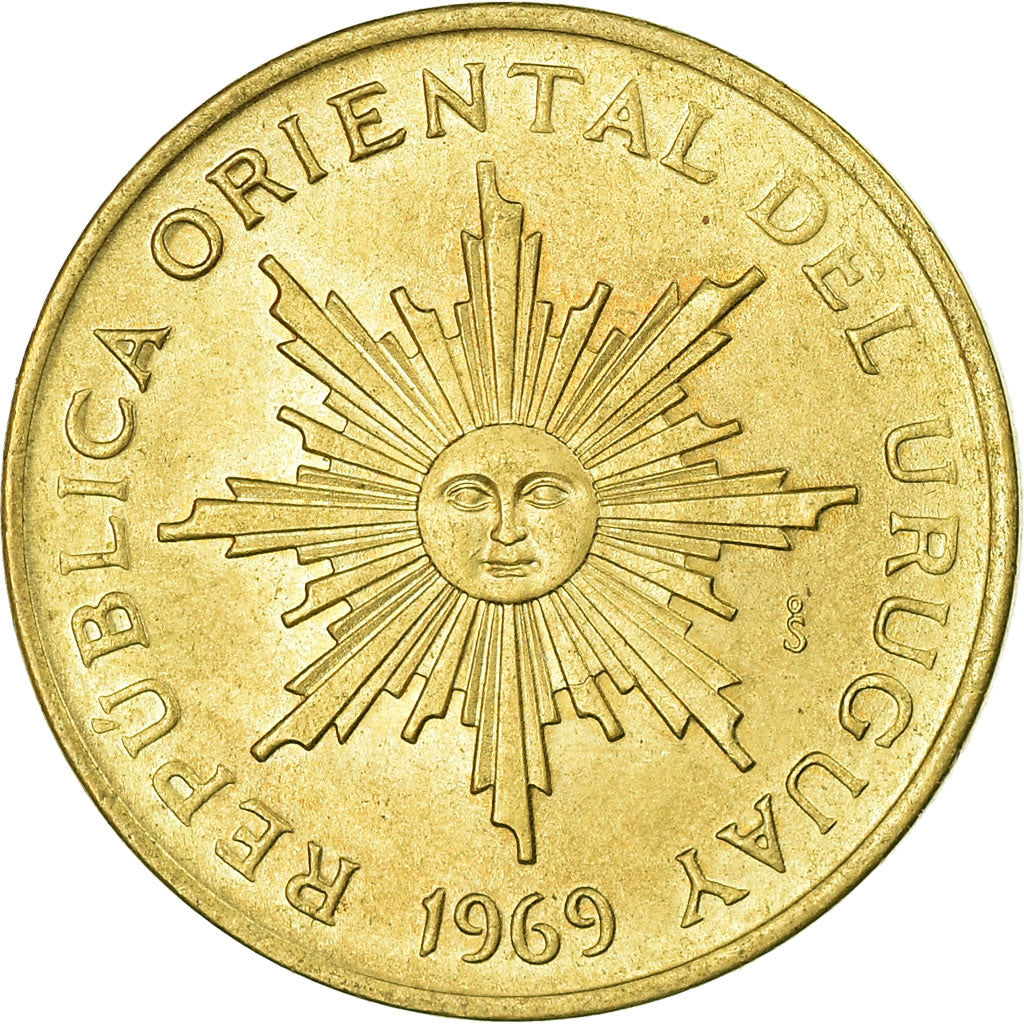 Coin, Uruguay, 5 Pesos, 1969, Santiago, AU(55-58), Aluminum-Bronze, KM:53