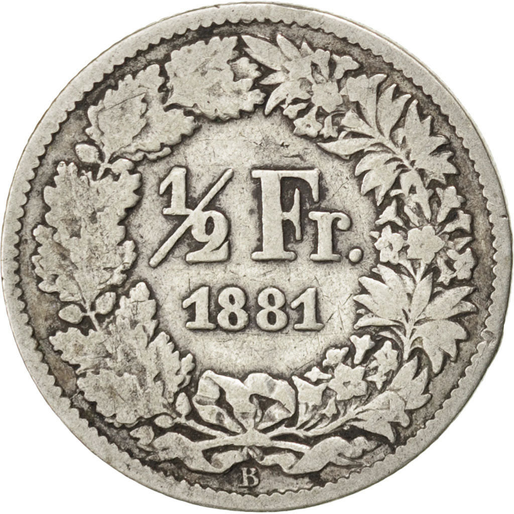 SWITZERLAND, 1/2 Franc, 1881, Bern, KM #23, VF(20-25), Silver, 18.2, 2.36