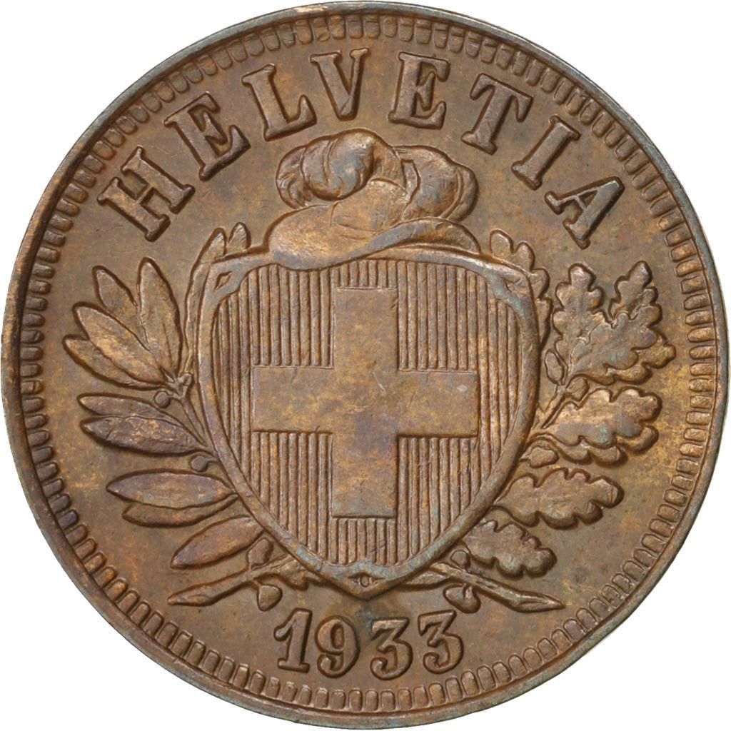 SWITZERLAND, 2 Rappen, 1933, Bern, KM #4.2a, AU(55-58), Bronze, 20, 3.00