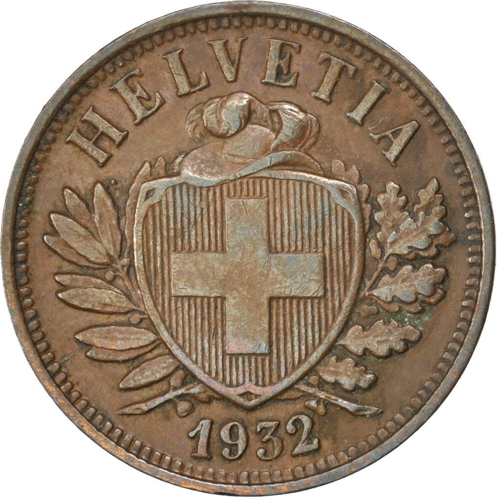 SWITZERLAND, 2 Rappen, 1932, Bern, KM #4.2a, AU(55-58), Bronze, 20, 2.91