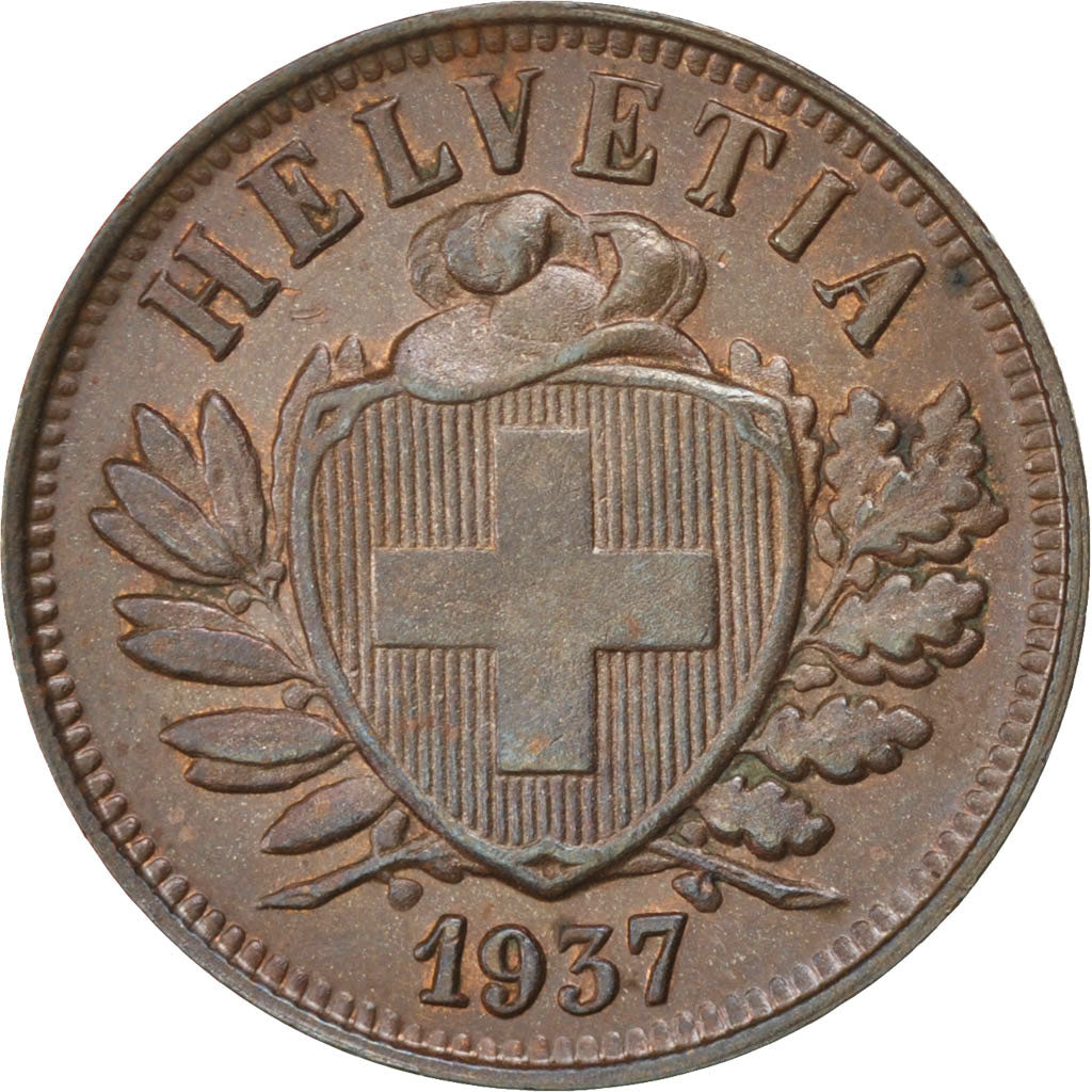 SWITZERLAND, 2 Rappen, 1937, Bern, KM #4.2a, AU(55-58), Bronze, 20, 2.96