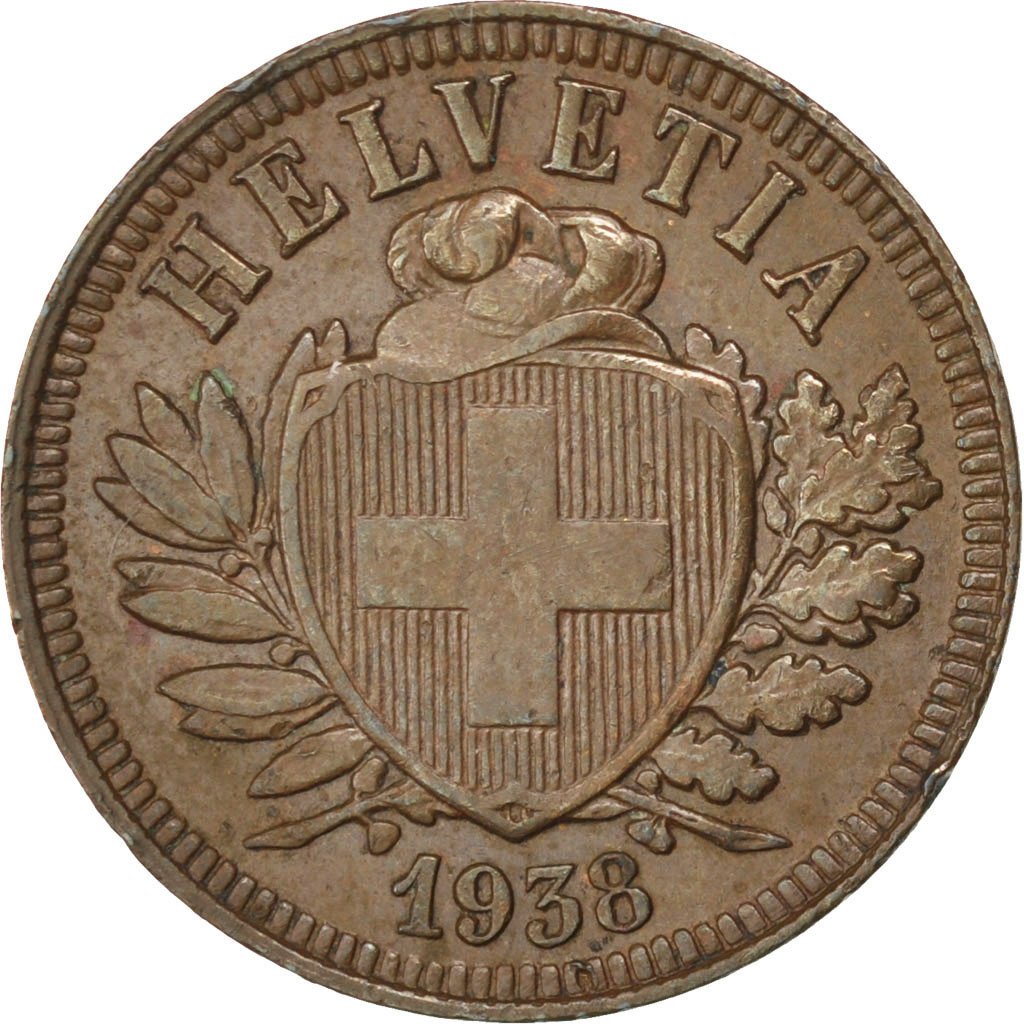 SWITZERLAND, 2 Rappen, 1938, Bern, KM #4.2a, AU(50-53), Bronze, 20, 2.99