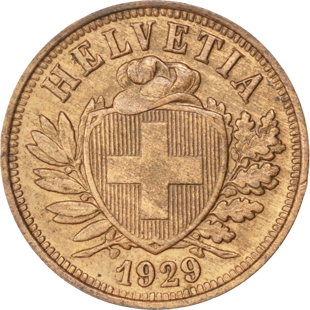 SWITZERLAND, 2 Rappen, 1929, Bern, KM #4.2, AU(55-58), Bronze, 20, 2.48