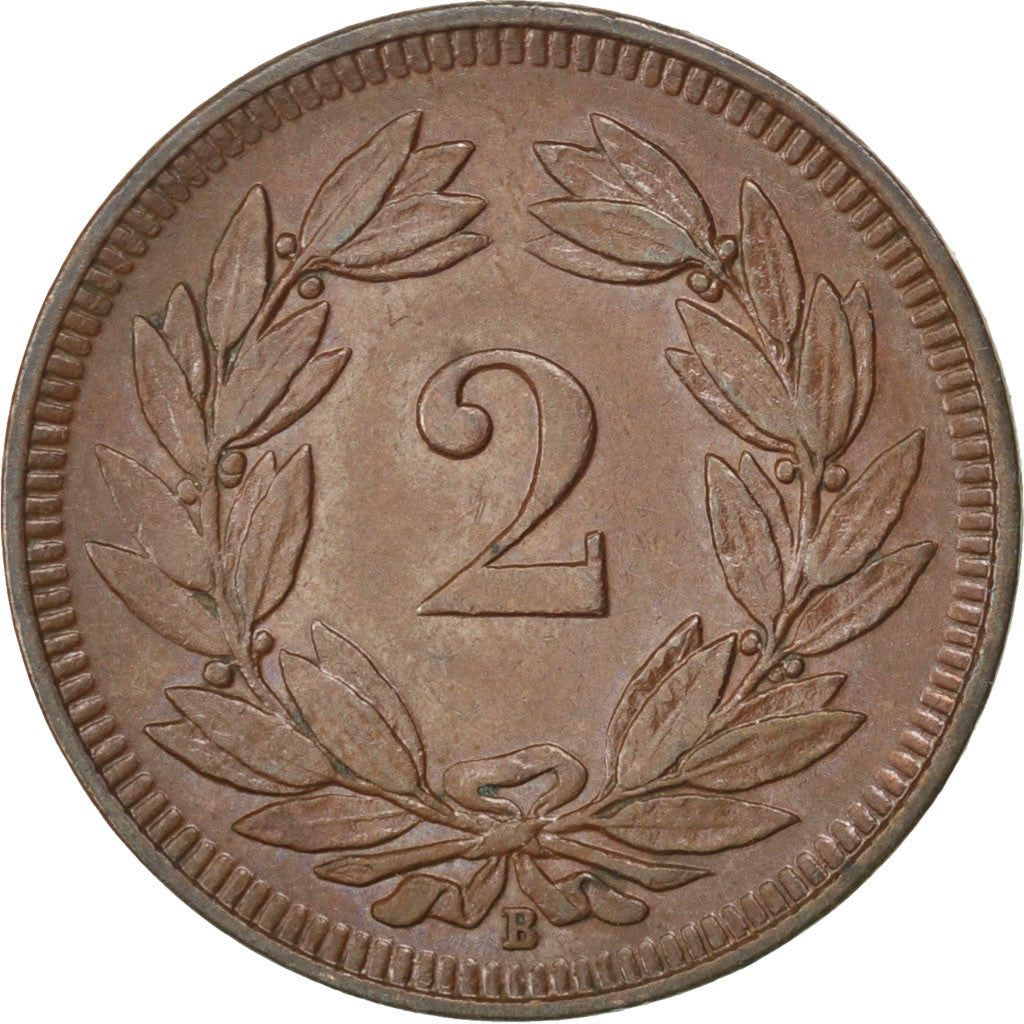 SWITZERLAND, 2 Rappen, 1908, Bern, KM #4.2, AU(55-58), Bronze, 20, 2.43