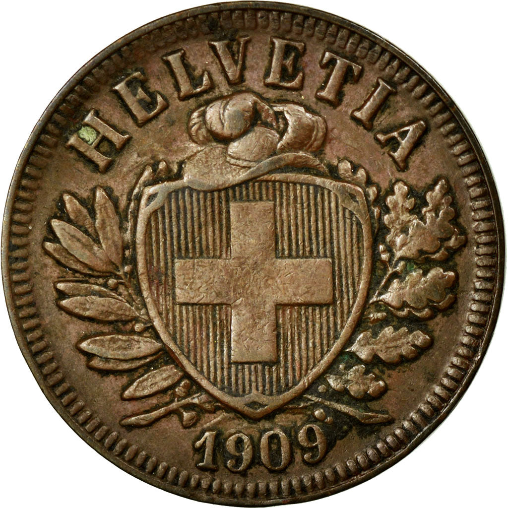 Coin, Switzerland, 2 Rappen, 1909, Bern, AU(50-53), Bronze, KM:4.2