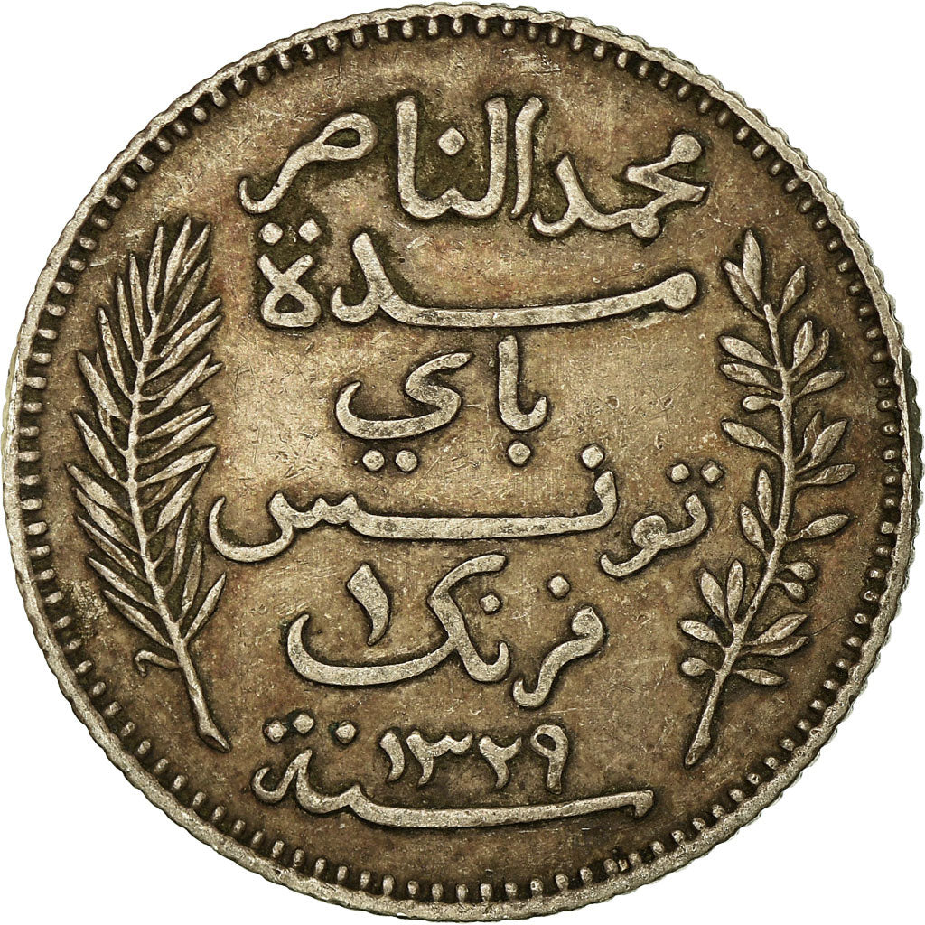 Coin, Tunisia, Muhammad al-Nasir Bey, Franc, 1911, Paris, EF(40-45), Silver