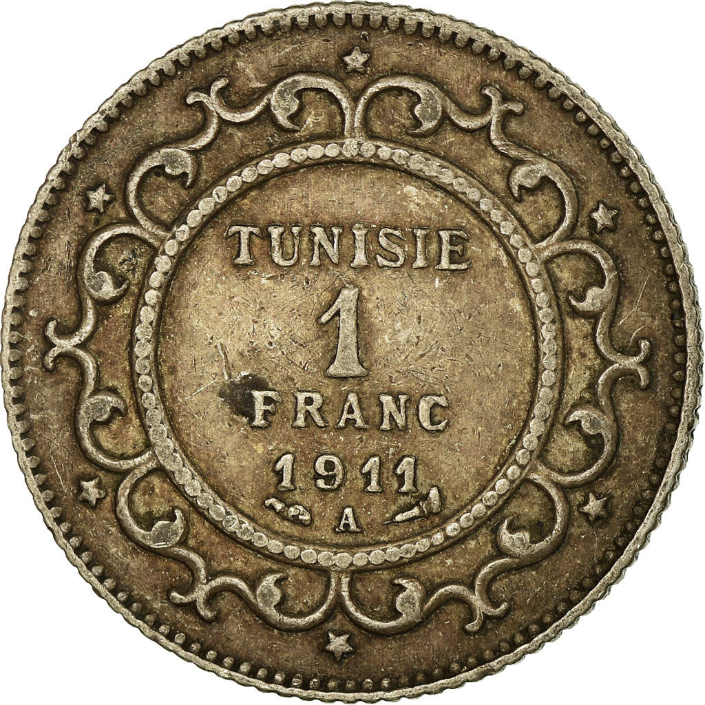Coin, Tunisia, Muhammad al-Nasir Bey, Franc, 1911, Paris, EF(40-45), Silver