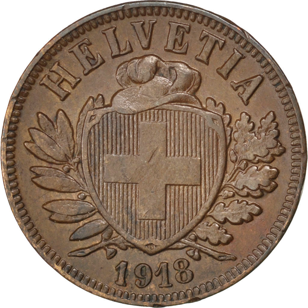 SWITZERLAND, 2 Rappen, 1918, Bern, KM #4.2, AU(50-53), Bronze, 20, 2.47