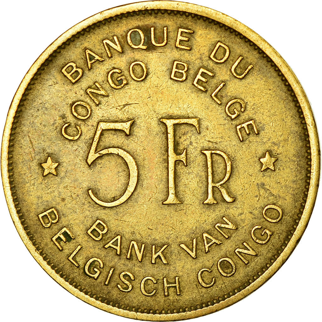 Coin, Belgian Congo, 5 Francs, 1947, EF(40-45), Brass, KM:29