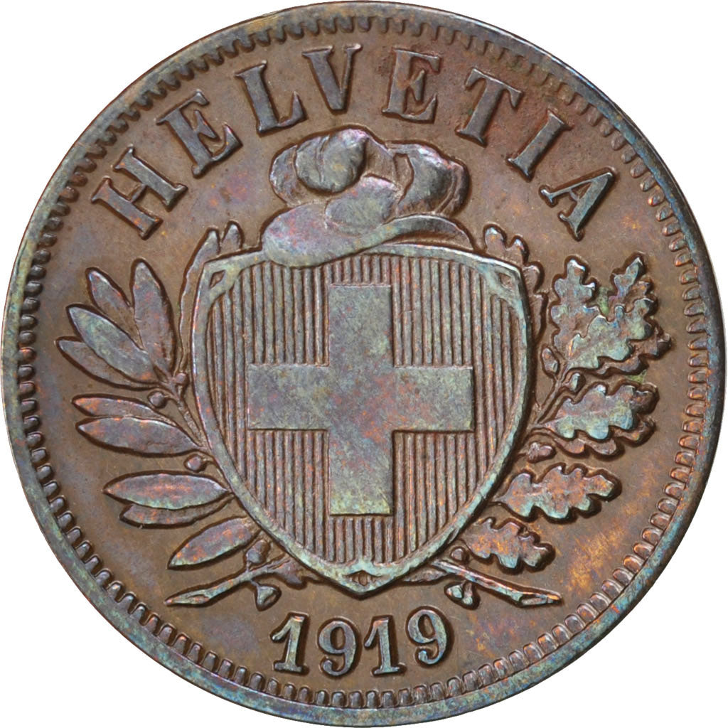 SWITZERLAND, 2 Rappen, 1919, Bern, KM #4.2, AU(50-53), Bronze, 20, 2.50