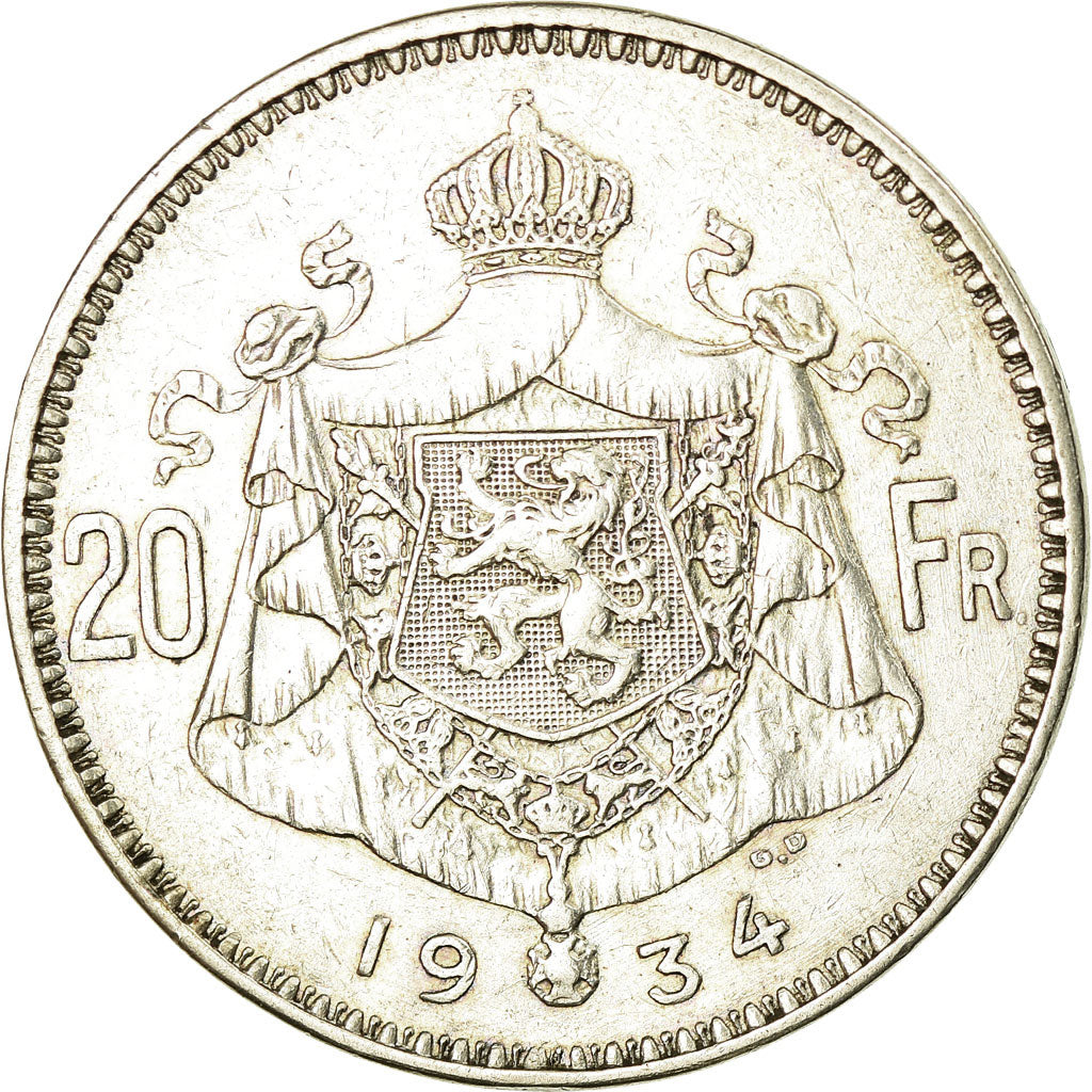 Coin, Belgium, 20 Francs, 20 Frank, 1934, MS(60-62), Silver, KM:104.1